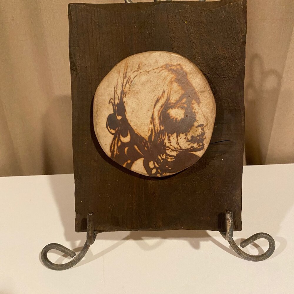 Native American Chief Ceramic on Rustic Wood Wall Art 10x8